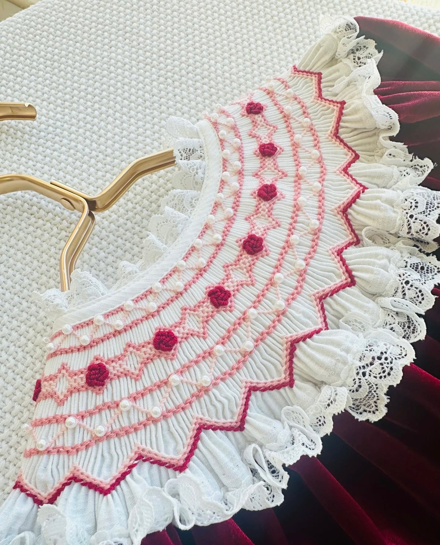 Wine red velvet hand smocked kids dress