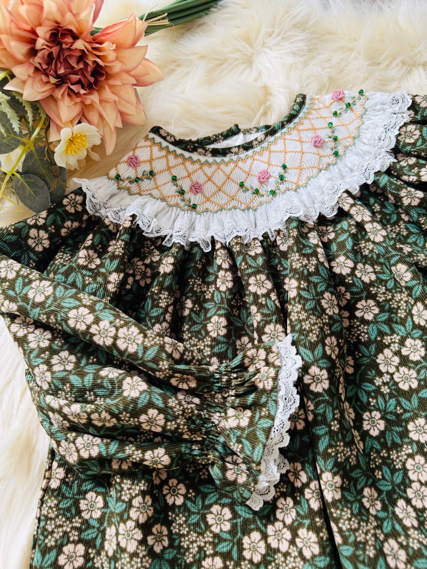 Green flower Corduroy hand smocked kids dress
