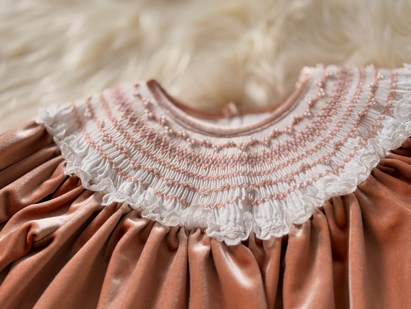 Champagne velvet hand smocked kids dress