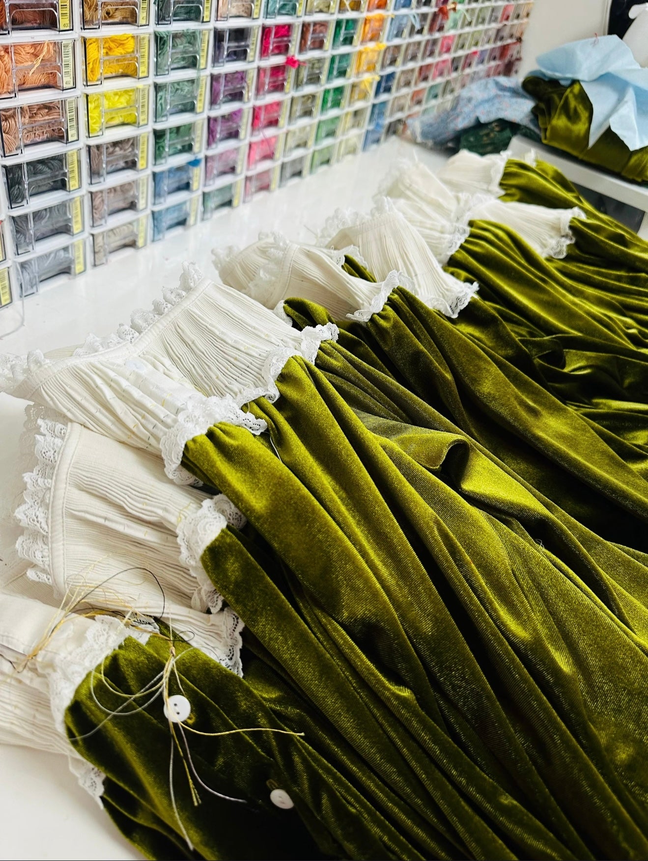 Avocado Green Velvet smock bishop dress