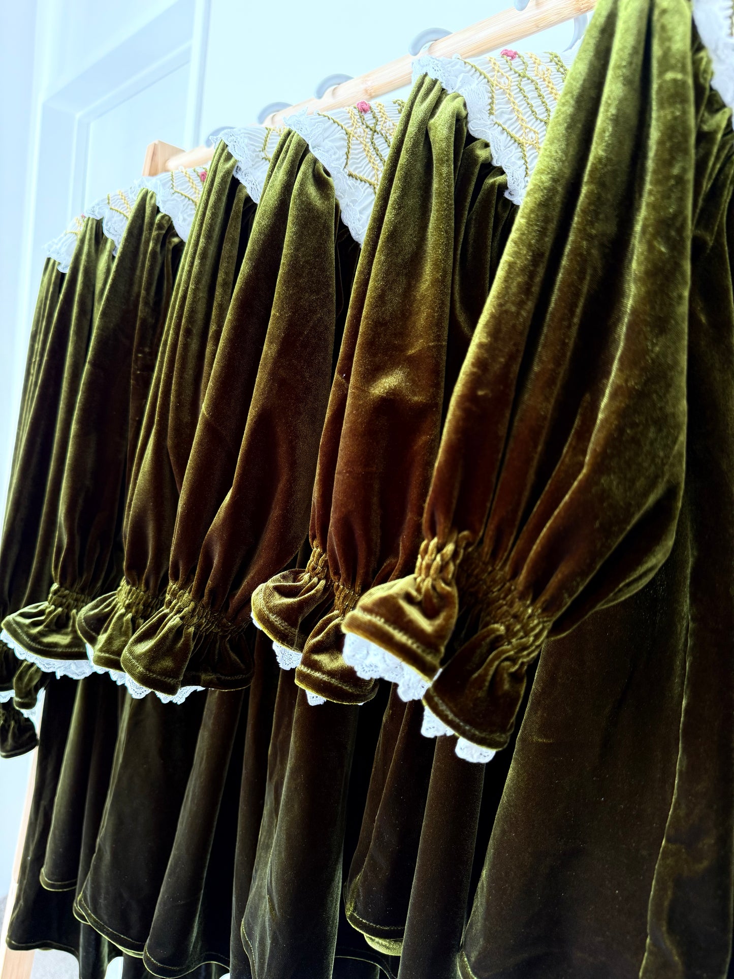Avocado Green Velvet smock bishop dress