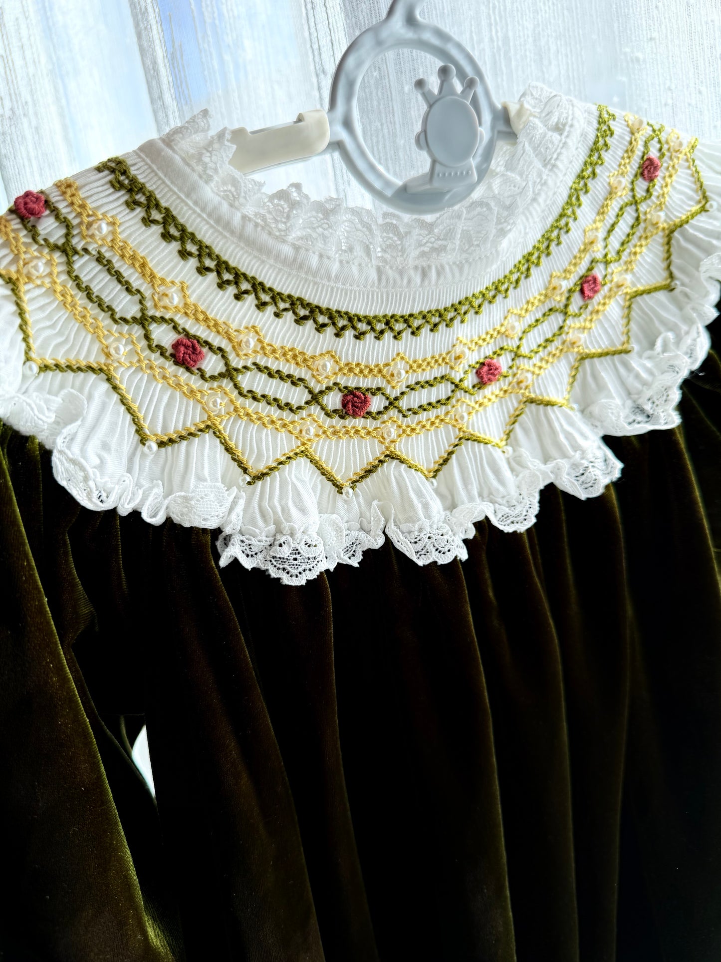 Avocado Green Velvet smock bishop dress