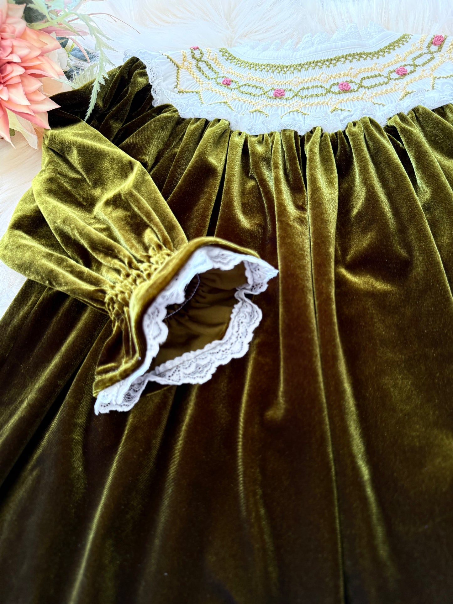 Avocado Green Velvet smock bishop dress