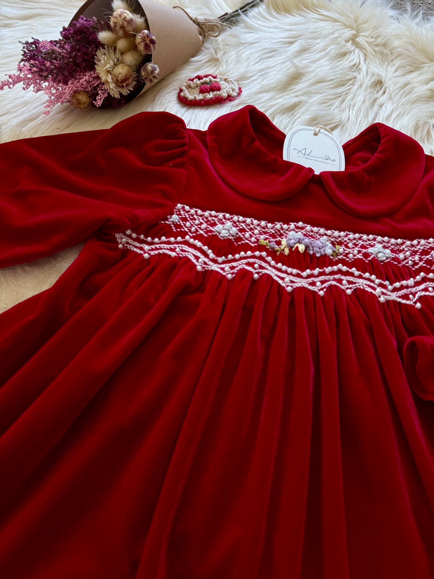 Red Velvet smocked kids dress