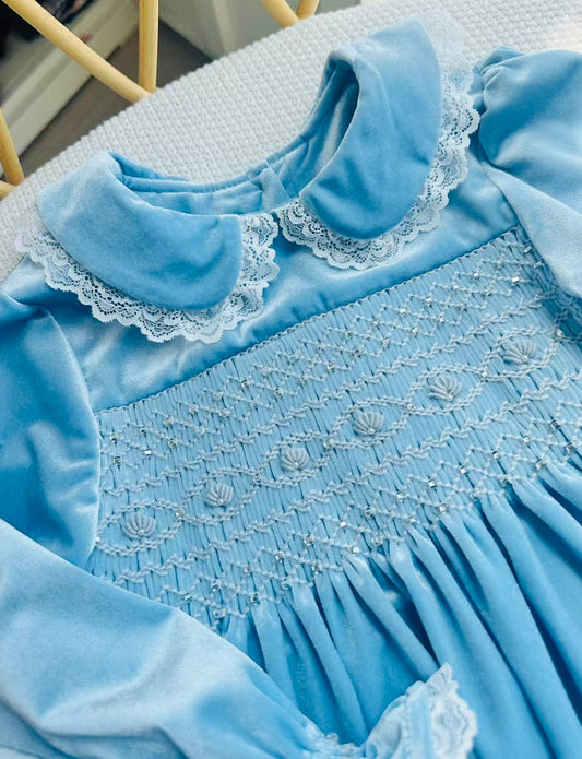 Blue Velvet smocked kids dress