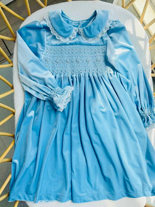 Blue Velvet smocked kids dress