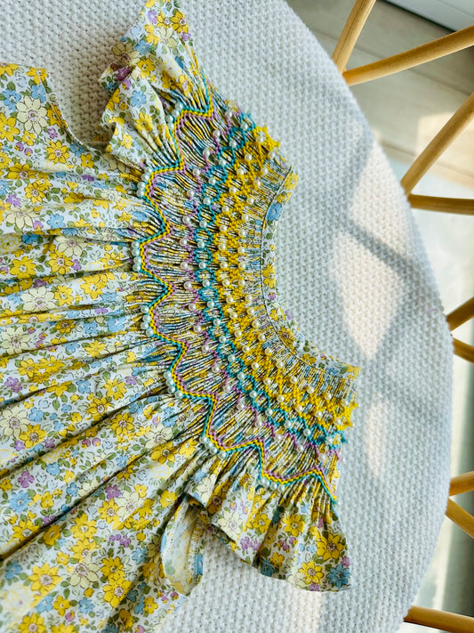 Golden Petal Serenade smock Bishop dress