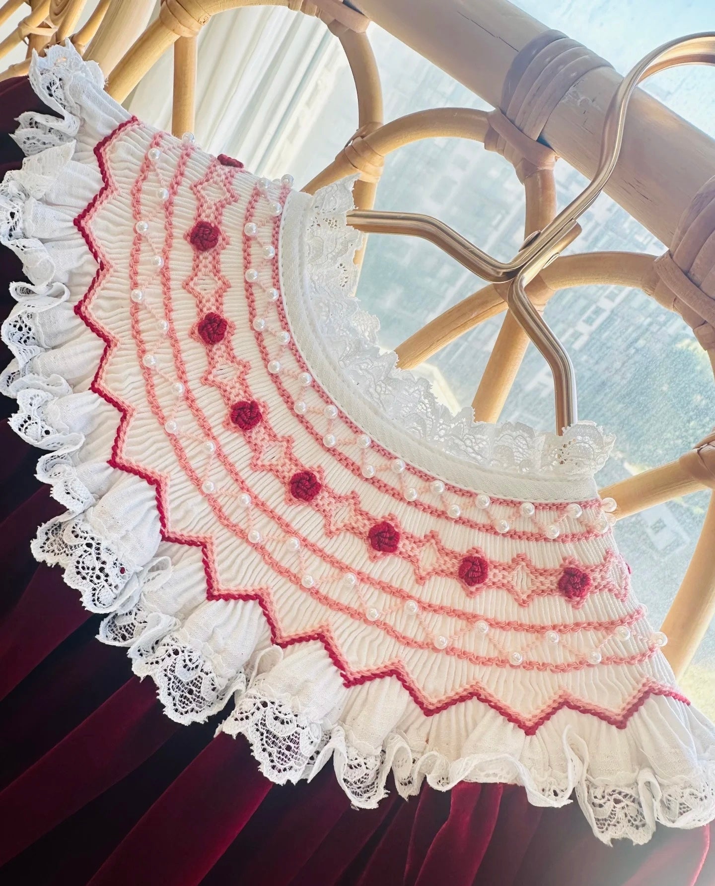 Wine red velvet hand smocked kids dress