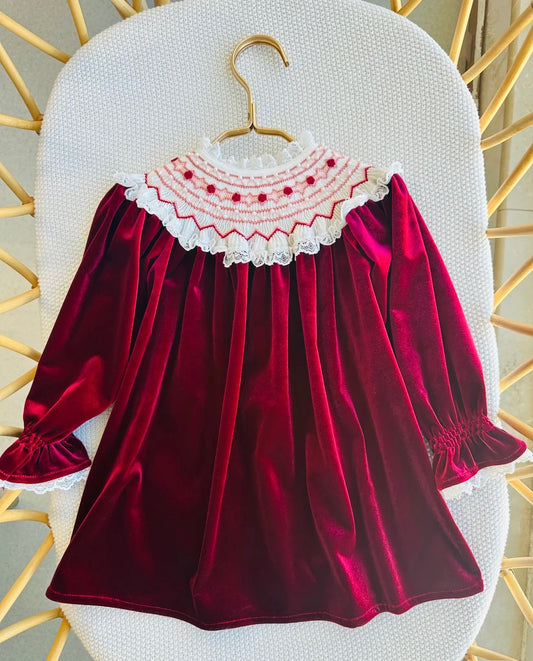 Wine red velvet hand smocked kids dress