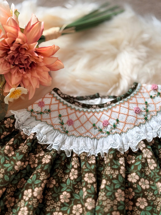 Green flower Corduroy hand smocked kids dress