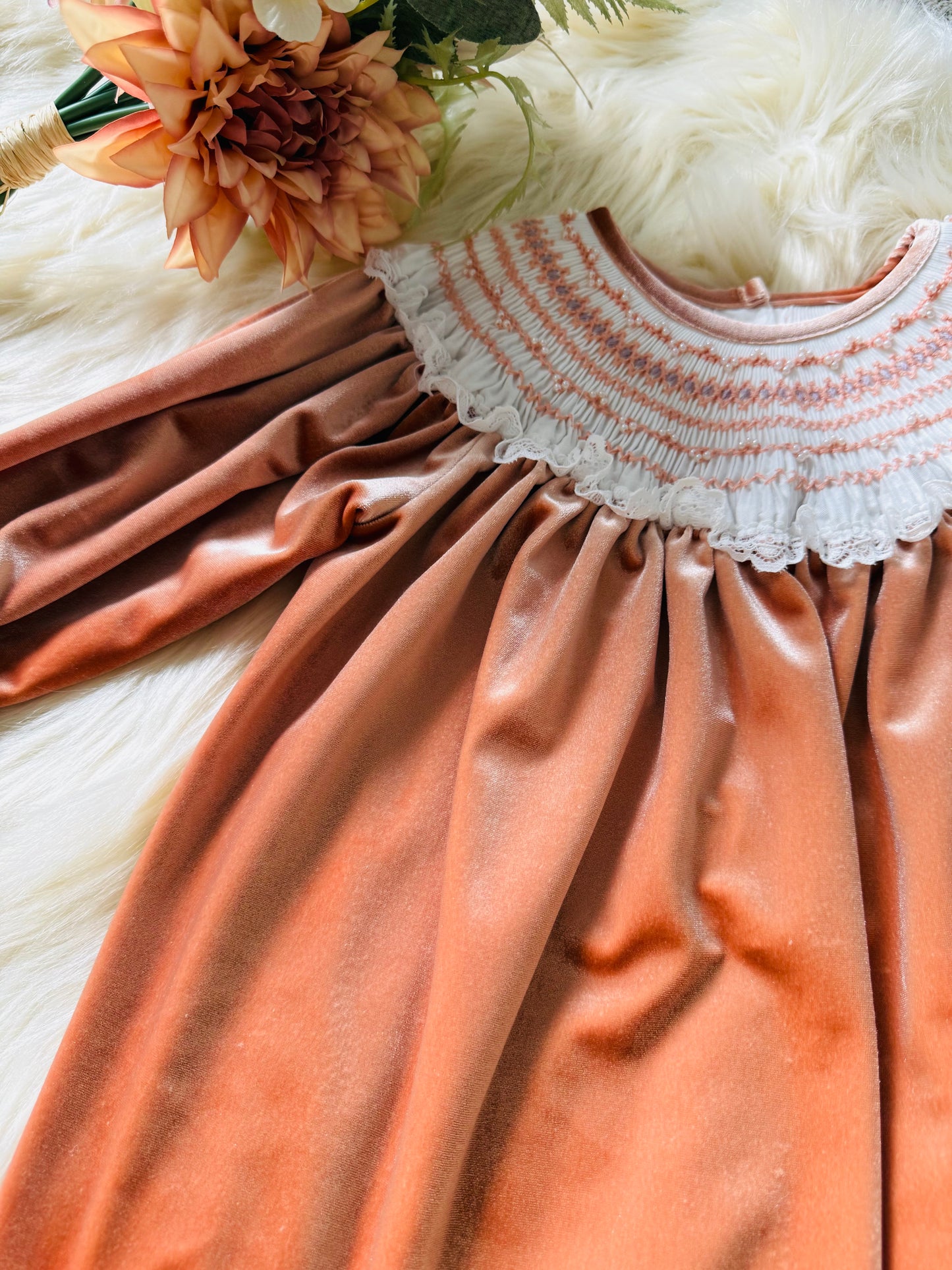 Champagne velvet hand smocked kids dress