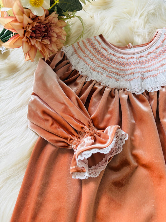 Champagne velvet hand smocked kids dress