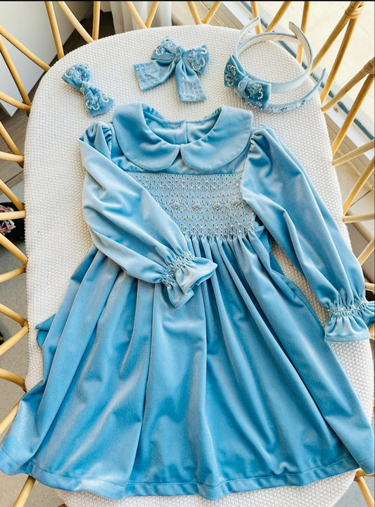 Blue Velvet hand smocked kids dress