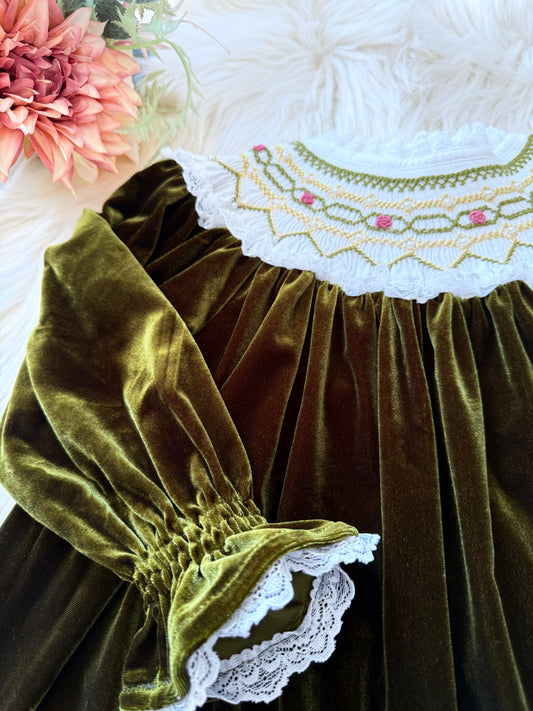 Avocado Green Velvet smock bishop dress