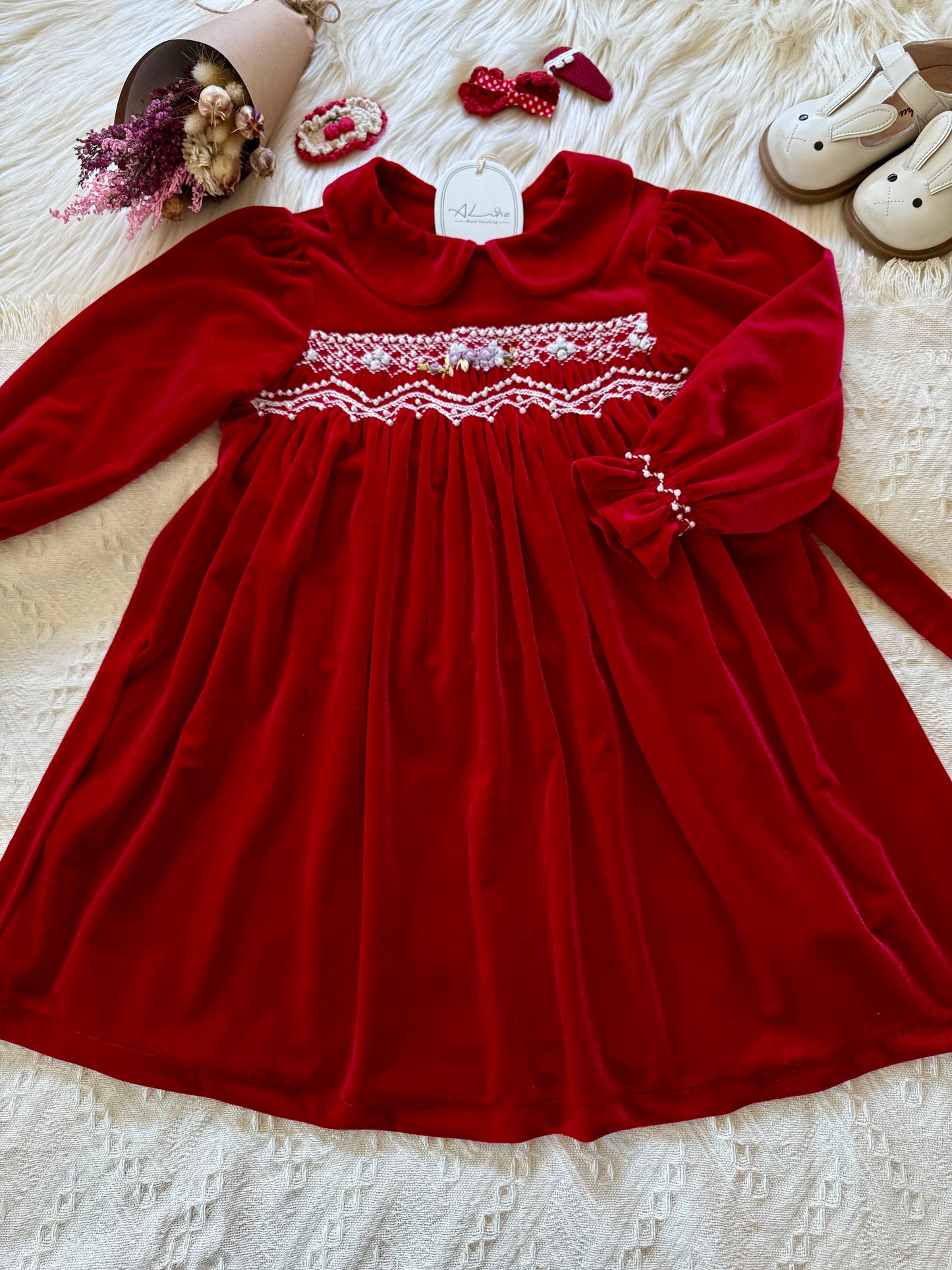 Red Velvet smocked kids dress