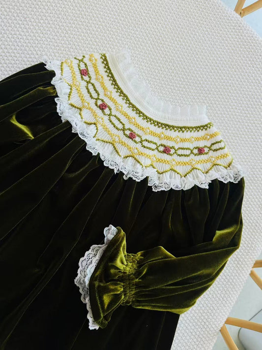 Avocado Green Velvet hand smocked kids dress