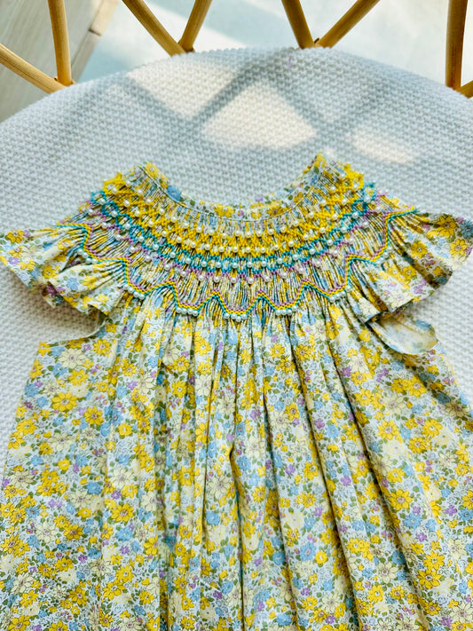 Golden Petal Serenade smock Bishop dress